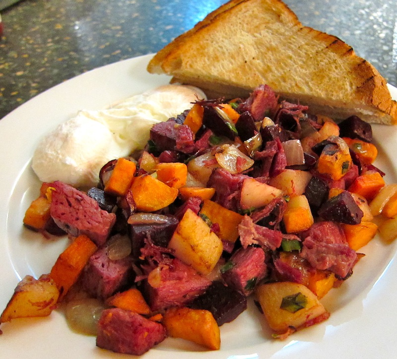 eggs with roasted beets, bacon, sour cream and toast
